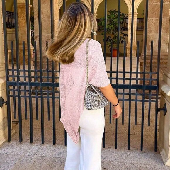 Pink Elegant Women's Oversized Knitted Shawl poncho knit top - Picture 4 of 7